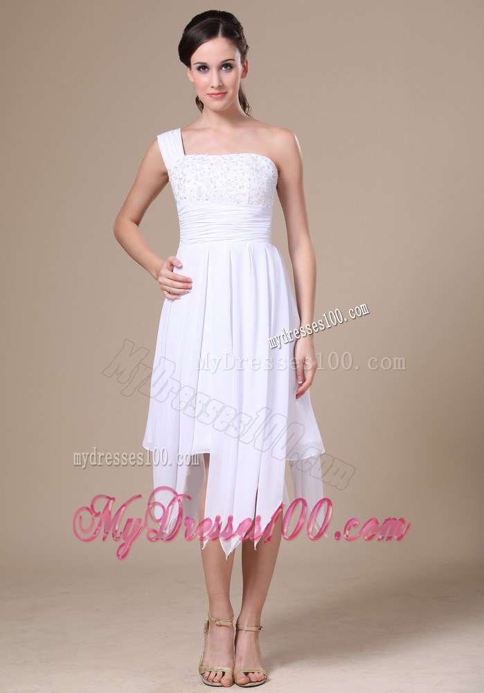 Asymmetrical White Empire Chiffon Prom Dress with Zipper-up and Beading