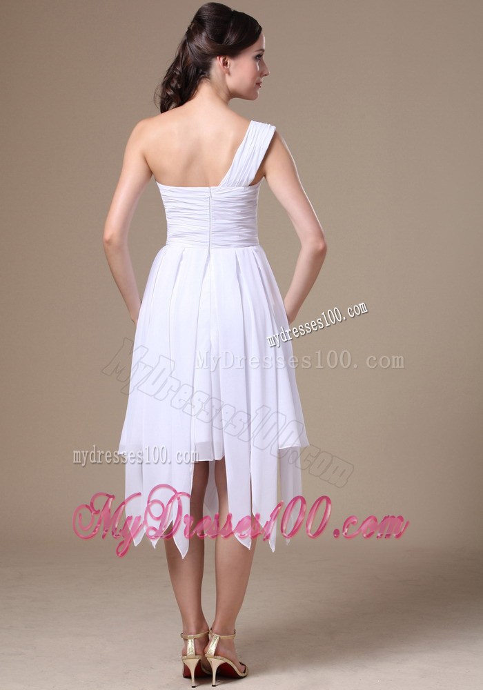 Asymmetrical White Empire Chiffon Prom Dress with Zipper-up and Beading