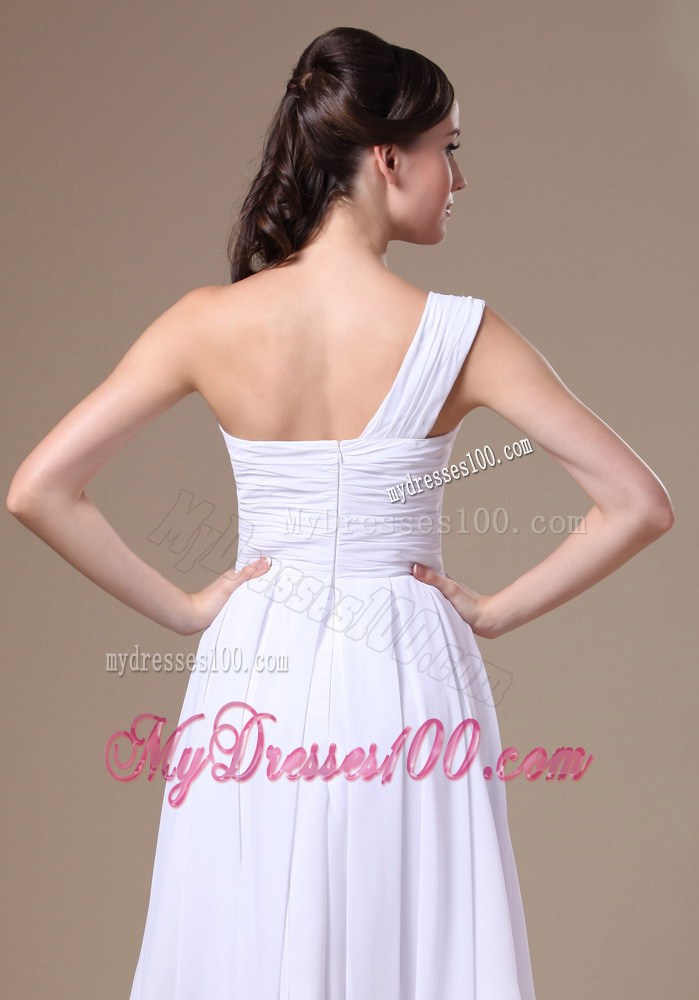 Asymmetrical White Empire Chiffon Prom Dress with Zipper-up and Beading