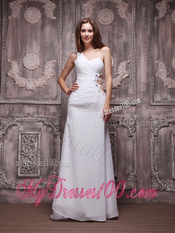One Shoulder White Prom Evening Dress with Rhinestones and Back Out
