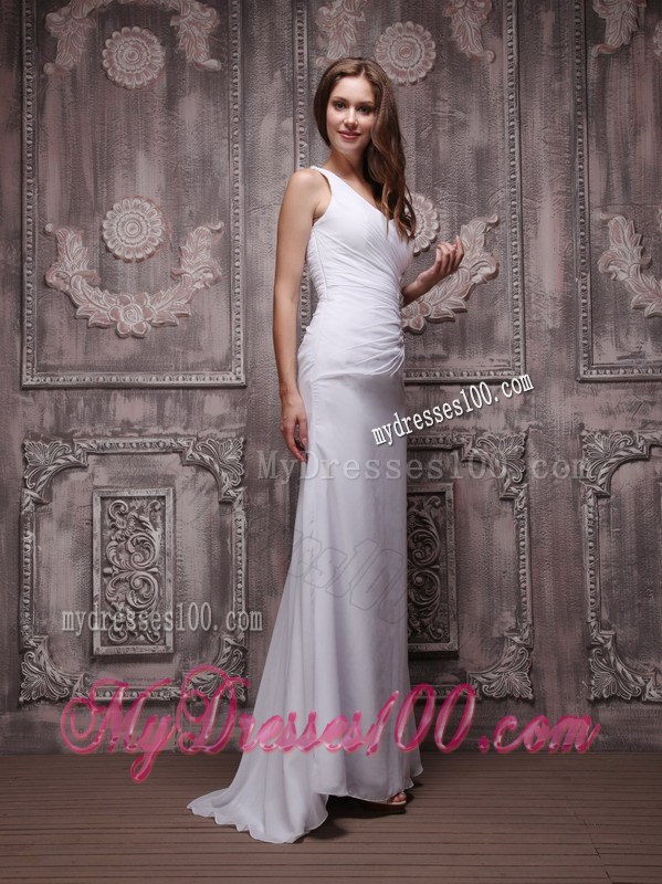 One Shoulder White Prom Evening Dress with Rhinestones and Back Out
