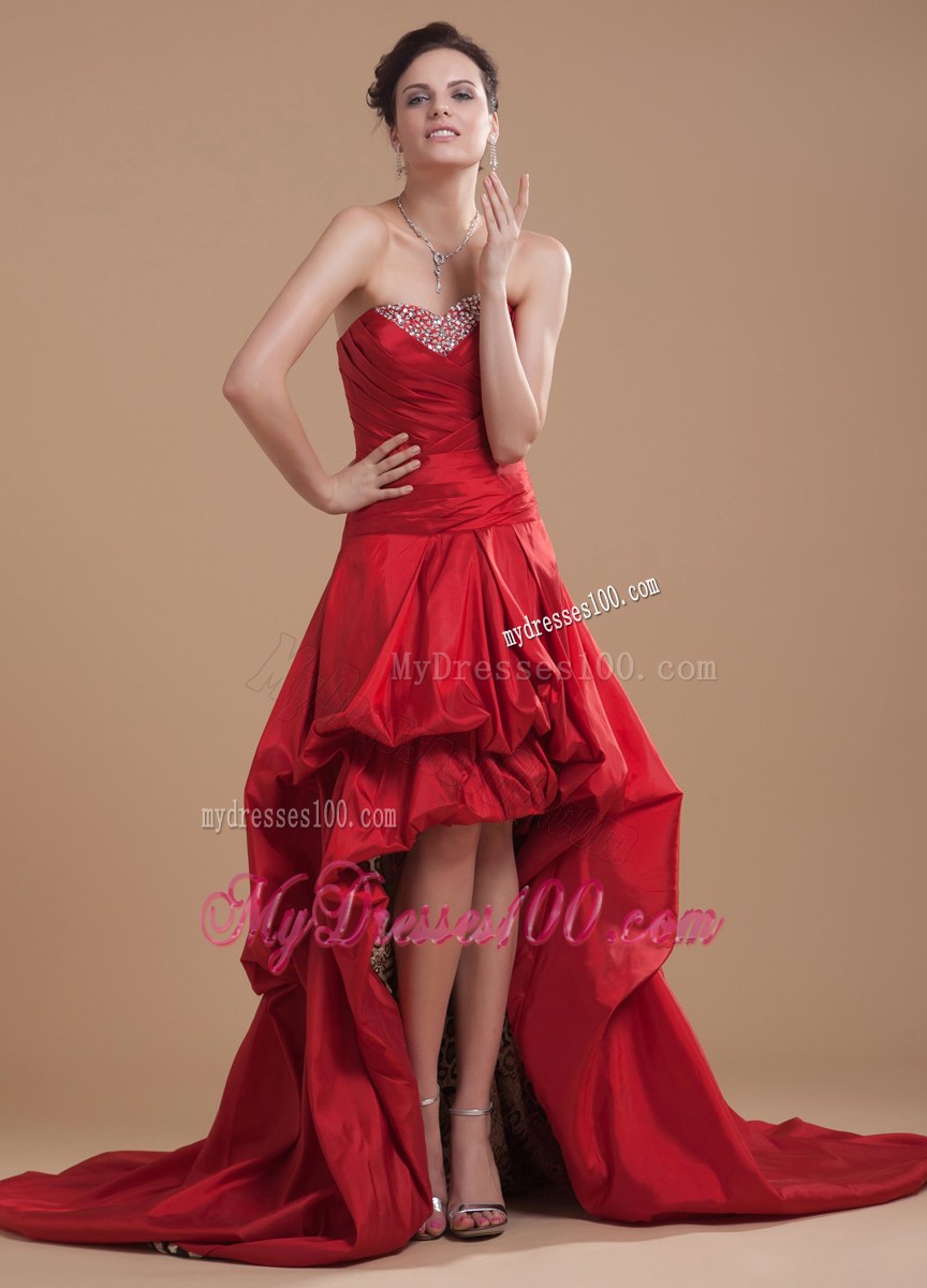 High-low Court Train Beaded Wine Red Prom Gown with Pick-ups and Print inside