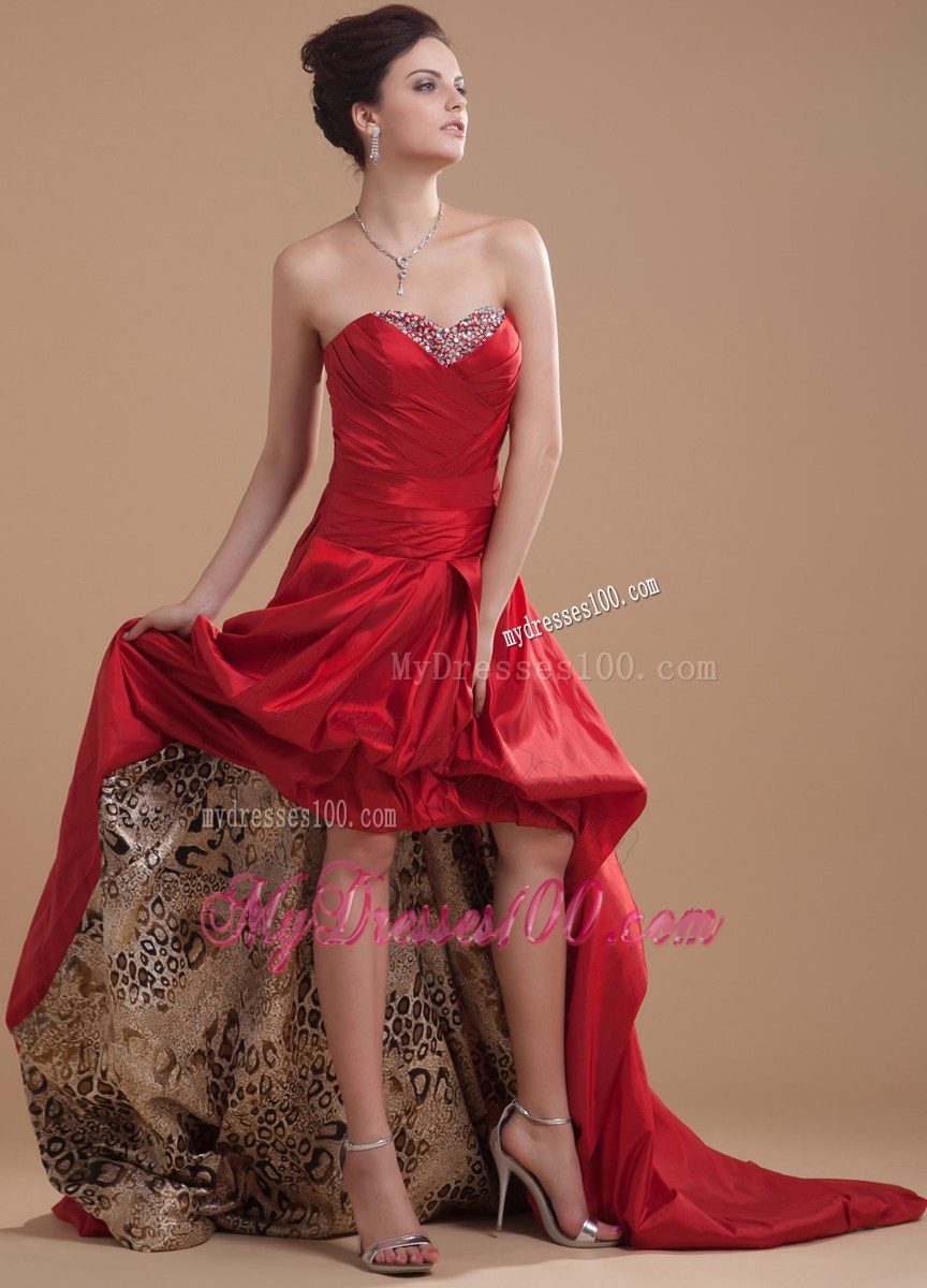 High-low Court Train Beaded Wine Red Prom Gown with Pick-ups and Print inside