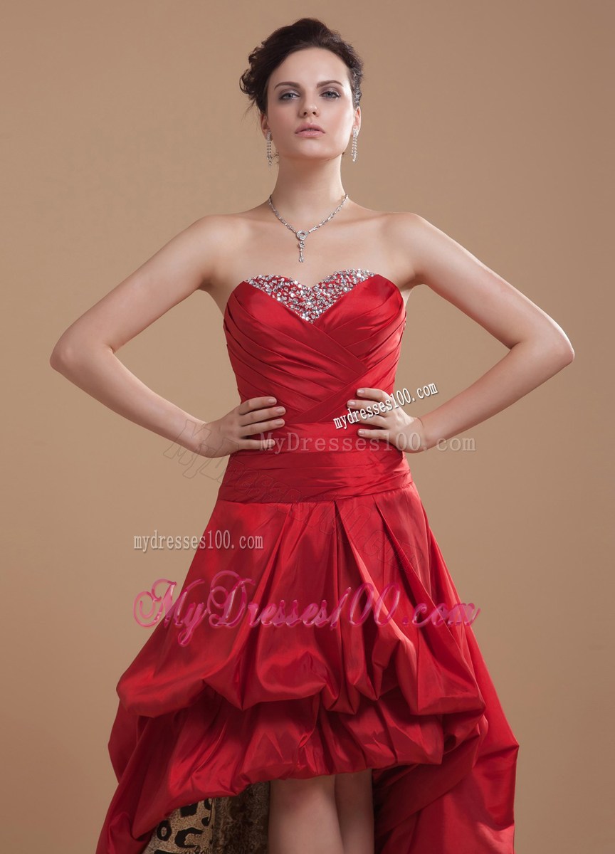 High-low Court Train Beaded Wine Red Prom Gown with Pick-ups and Print inside