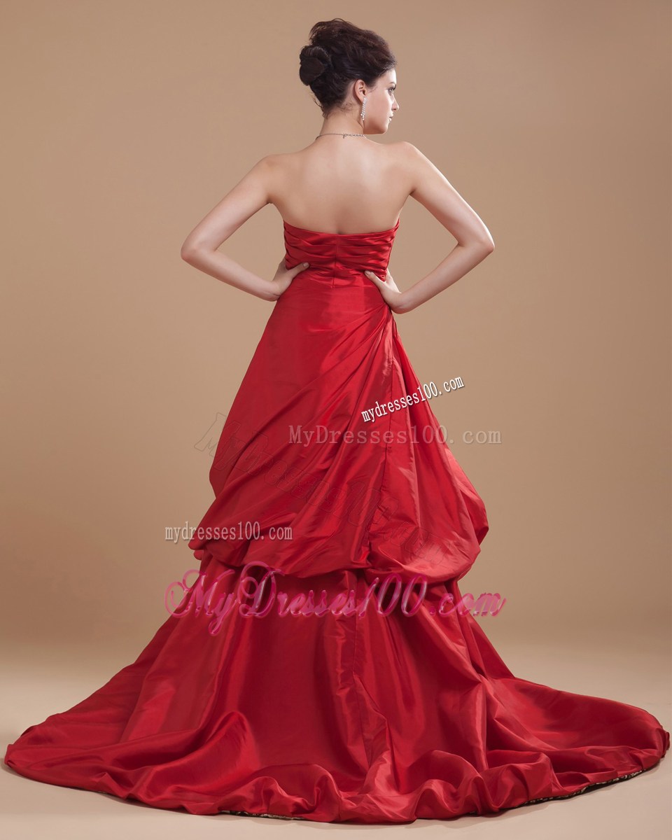 High-low Court Train Beaded Wine Red Prom Gown with Pick-ups and Print inside