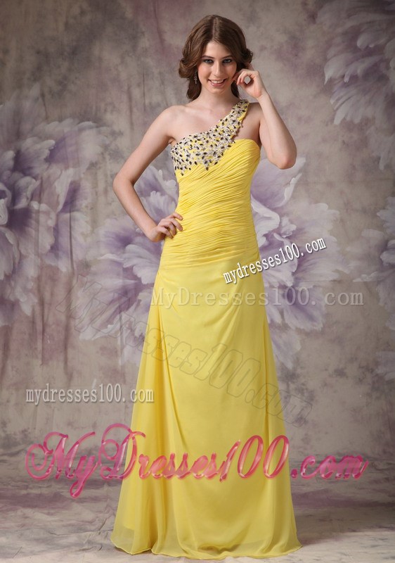 Elegant Yellow Column One Shoulder Cool Back Evening Dress with Ruche