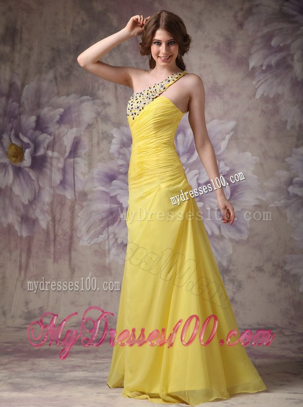 Elegant Yellow Column One Shoulder Cool Back Evening Dress with Ruche
