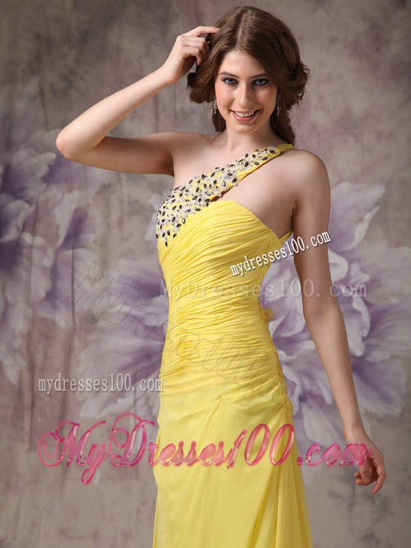Elegant Yellow Column One Shoulder Cool Back Evening Dress with Ruche