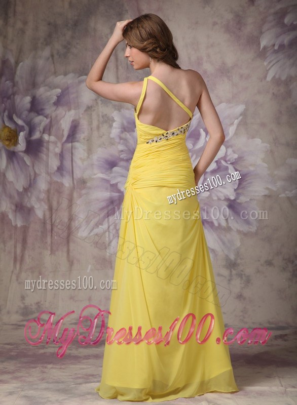 Elegant Yellow Column One Shoulder Cool Back Evening Dress with Ruche