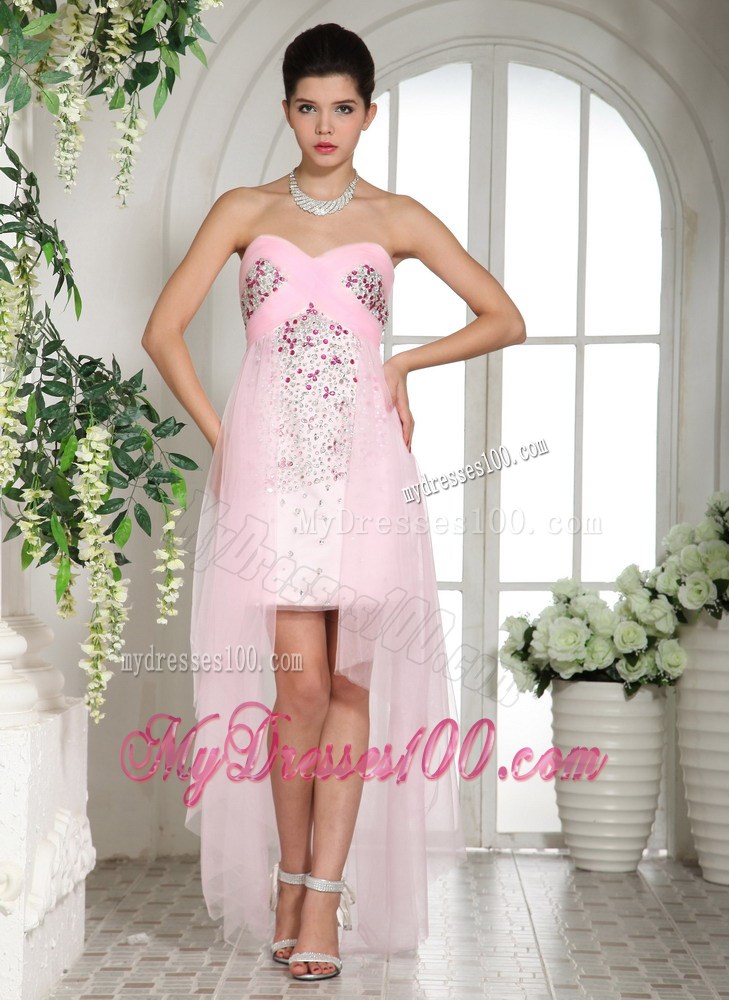 Exquisite High-low Sweetheart Beaded Dresses For Prom in Baby Pink Tulle