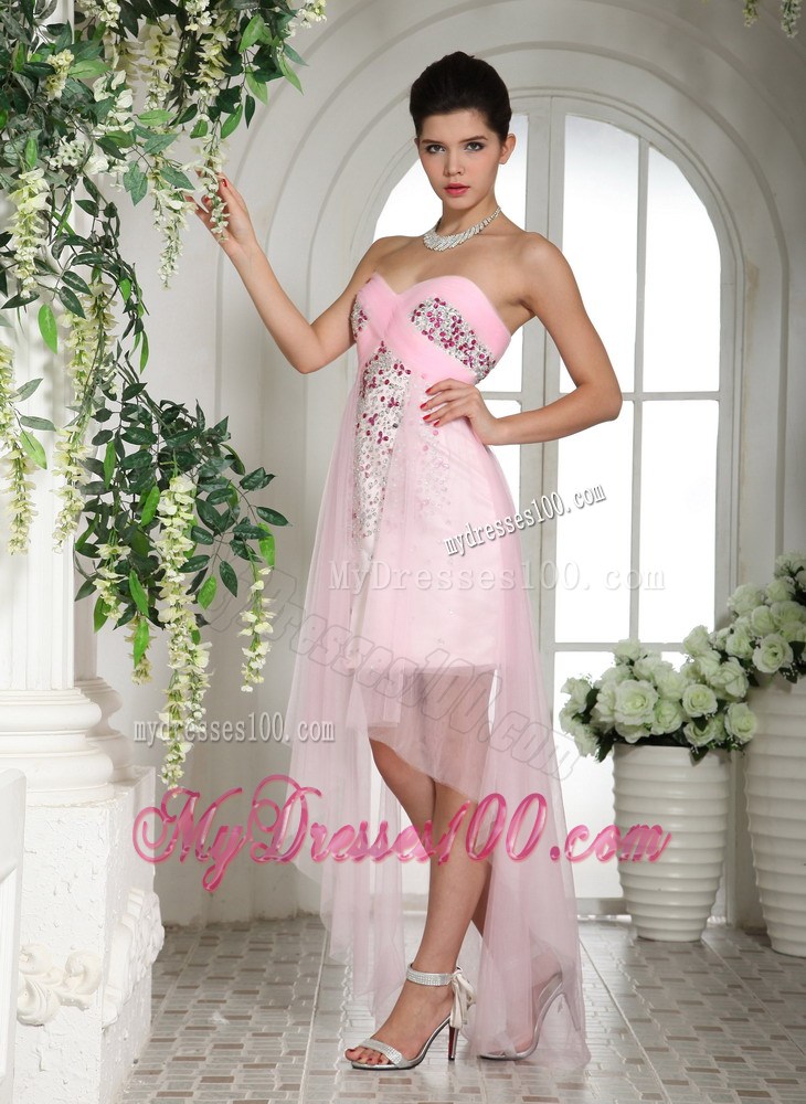 Exquisite High-low Sweetheart Beaded Dresses For Prom in Baby Pink Tulle