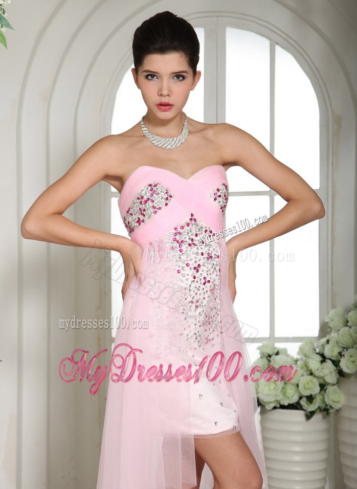 Exquisite High-low Sweetheart Beaded Dresses For Prom in Baby Pink Tulle
