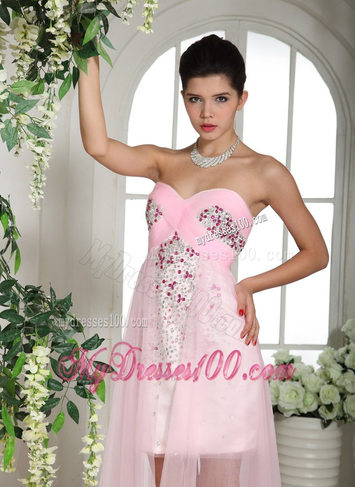 Exquisite High-low Sweetheart Beaded Dresses For Prom in Baby Pink Tulle