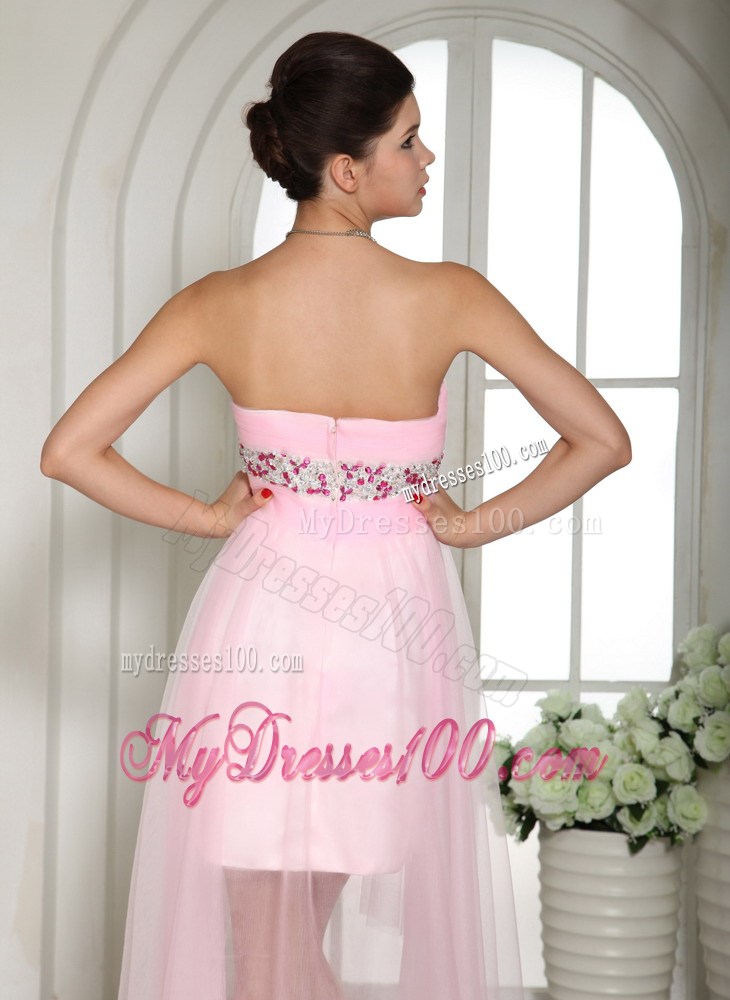Exquisite High-low Sweetheart Beaded Dresses For Prom in Baby Pink Tulle