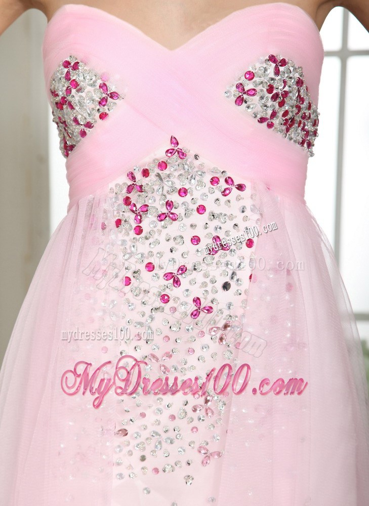 Exquisite High-low Sweetheart Beaded Dresses For Prom in Baby Pink Tulle