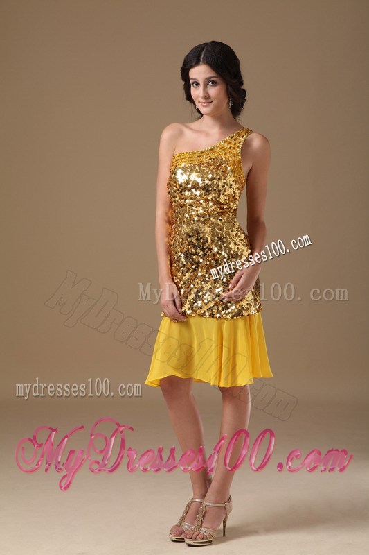 Gold One Shoulder Knee-length Sequin Beading Nightclub Dress