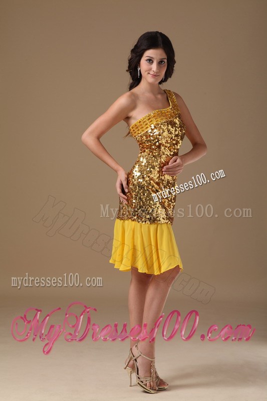 Gold One Shoulder Knee-length Sequin Beading Nightclub Dress