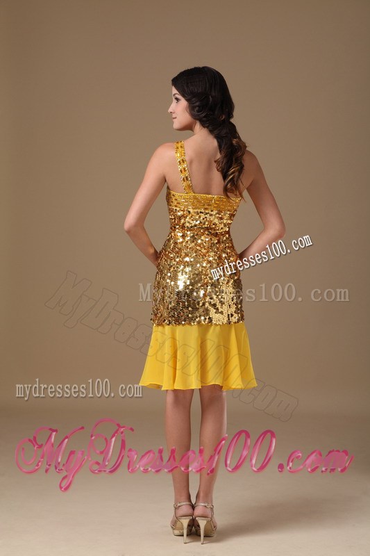 Gold One Shoulder Knee-length Sequin Beading Nightclub Dress
