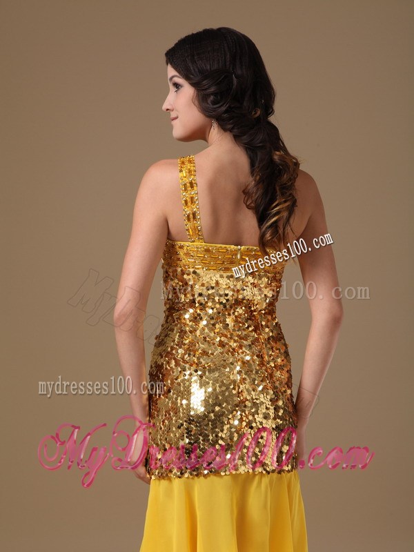 Gold One Shoulder Knee-length Sequin Beading Nightclub Dress