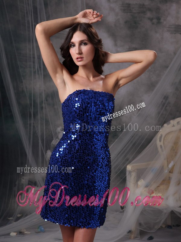 Customize Peacock Blue Column Evening Dress Strapless Beading Sequin Mini-length