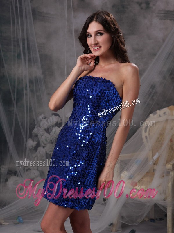 Customize Peacock Blue Column Evening Dress Strapless Beading Sequin Mini-length