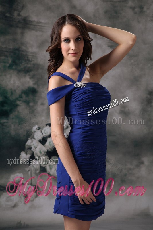 Simple Blue Column Asymmetrical Mini-length Nightclub Dress