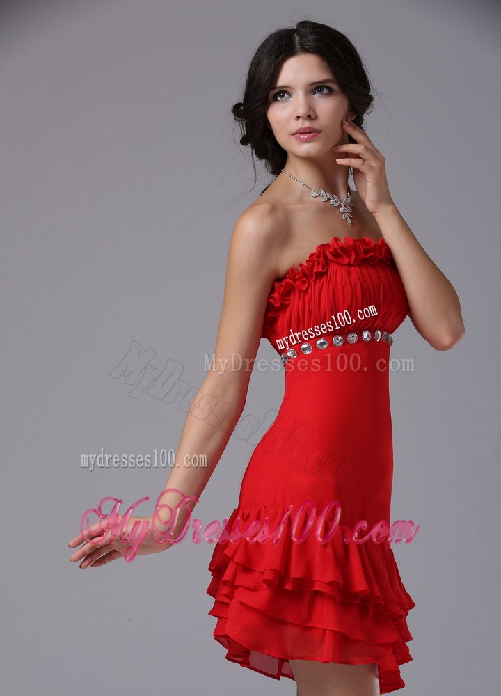 Red Strapless Asymmetrical Beading Nightclub Dress For 2013