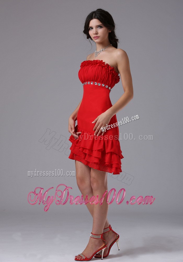 Red Strapless Asymmetrical Beading Nightclub Dress For 2013