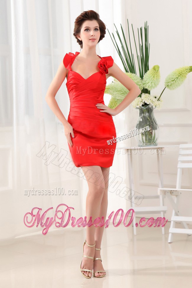 Column Halter Hand Made Flowers Red Mini-length Nightclub Dress