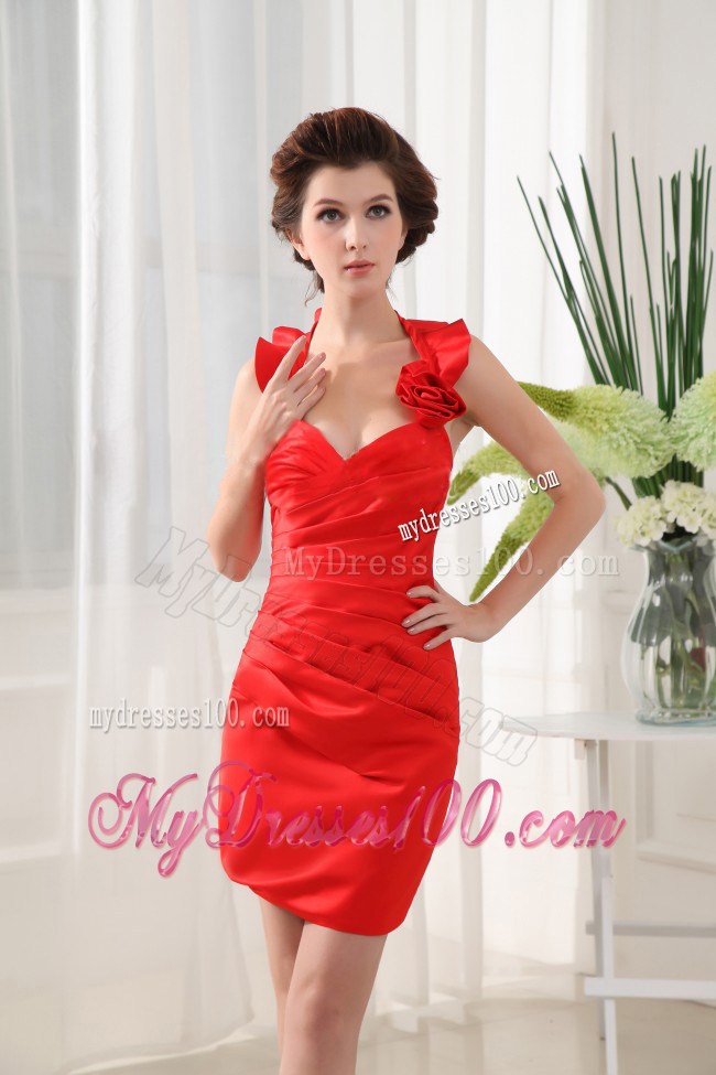 Column Halter Hand Made Flowers Red Mini-length Nightclub Dress