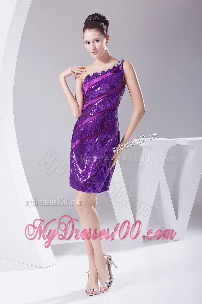 Beaded Decorate One Shoulder Purple Sequin For Nightclub Dress