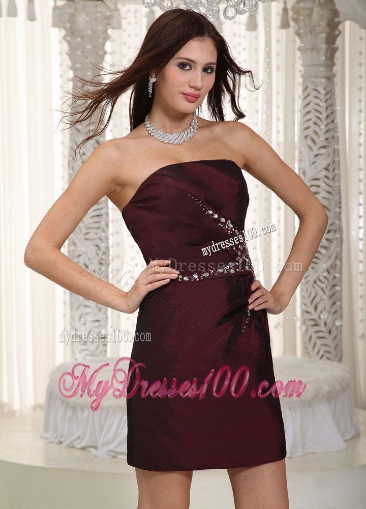Burgundy Column Strapless Mini-length Beading Nightclub Dress