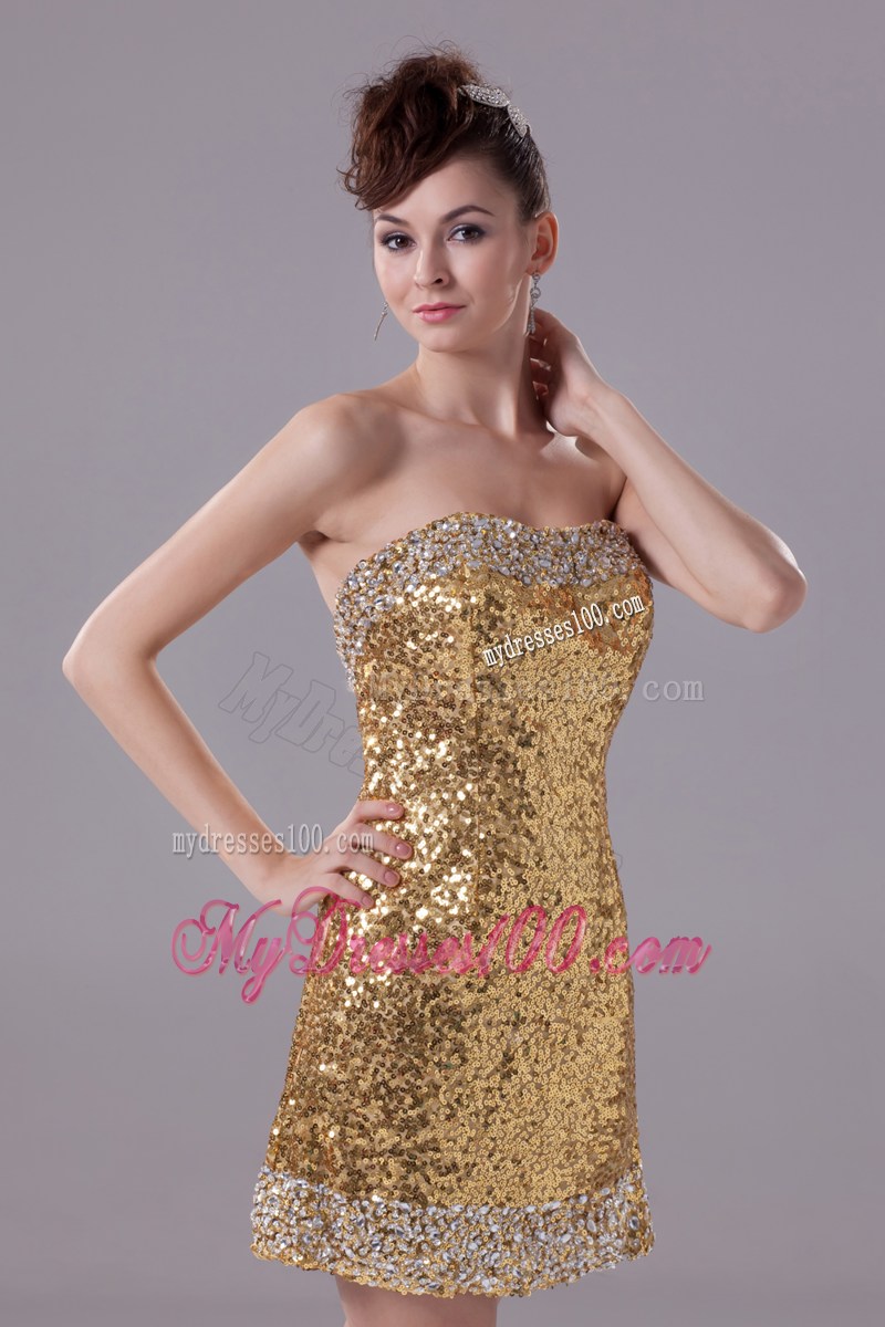 Column Gold Strapless Short Sequin Prom Dress