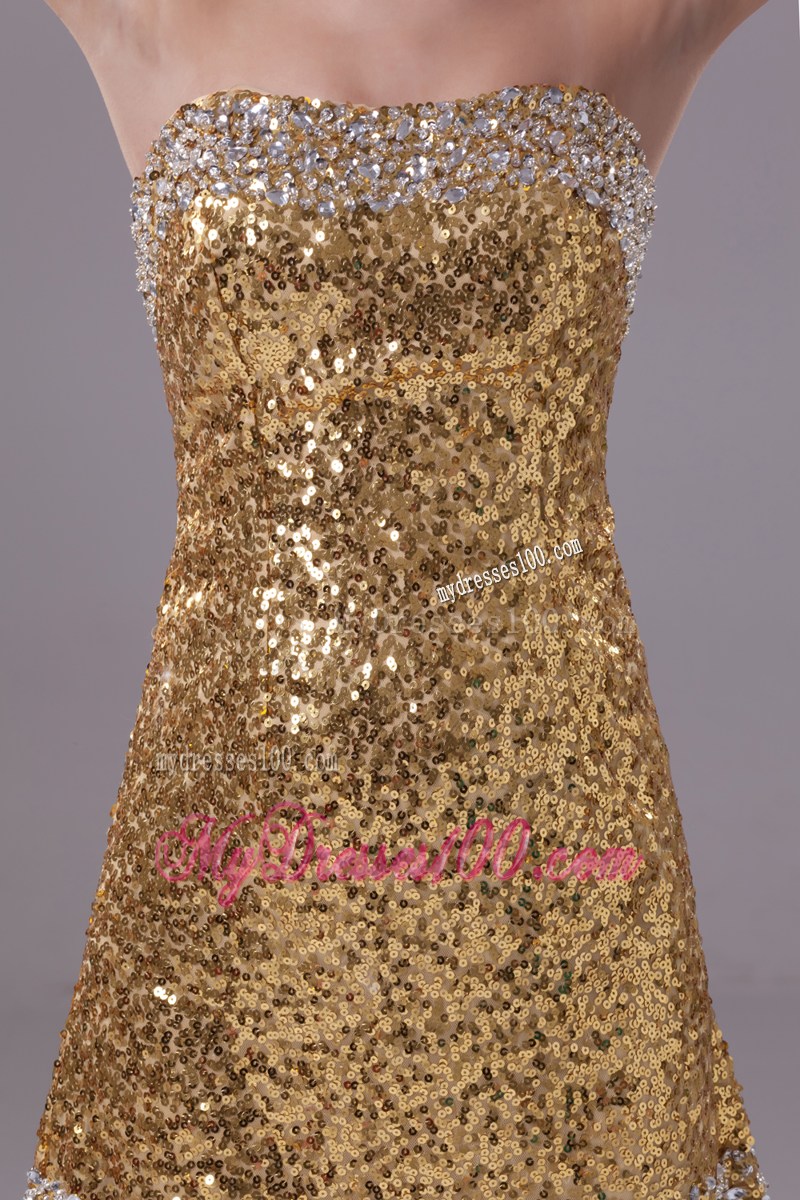Column Gold Strapless Short Sequin Prom Dress
