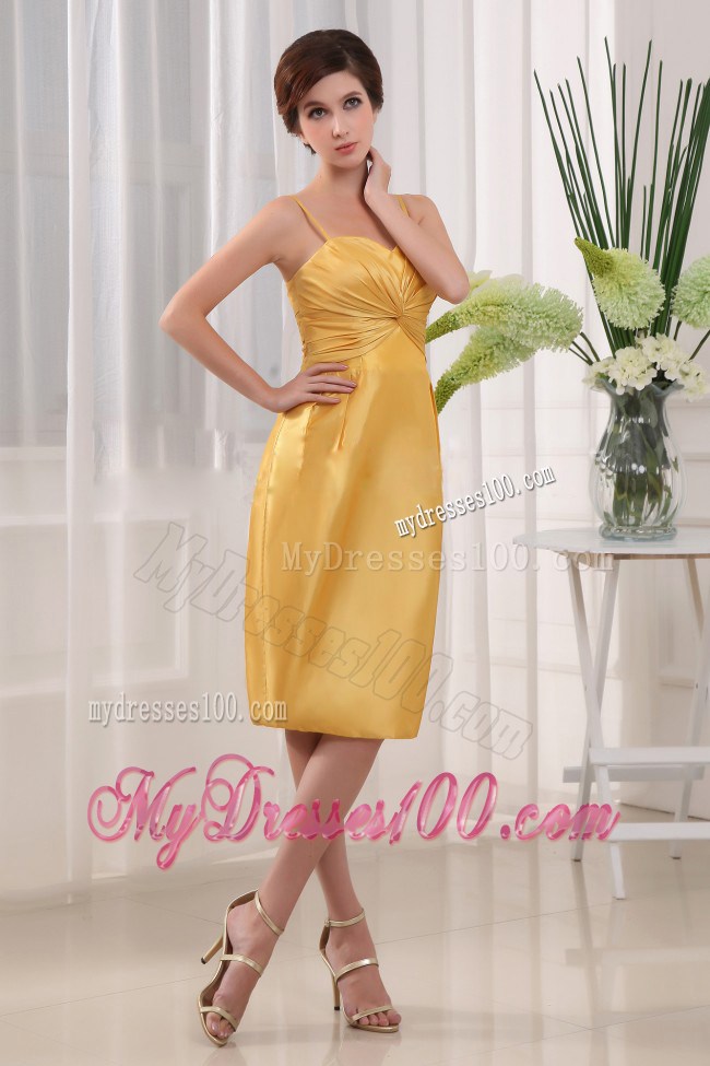 Column Spaghetti Straps Knee-length Yellow Ruche Nightclub Dress