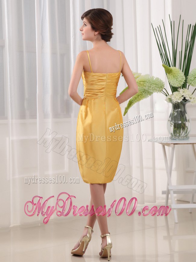 Column Spaghetti Straps Knee-length Yellow Ruche Nightclub Dress