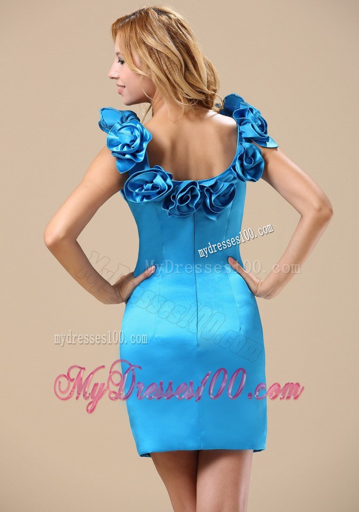 Hand Made Flowers Scoop Mini-length Sky Blue Nightclub Dress