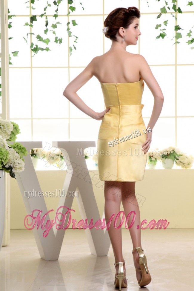 Gold Strapless Mini-length Nightclub Dress with Bow and Ruching