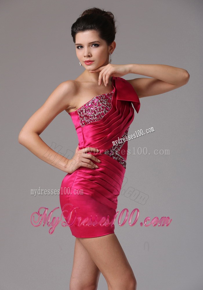Hot Pink One Shoulder Beaded Decorate and Ruche Nightclub Dress