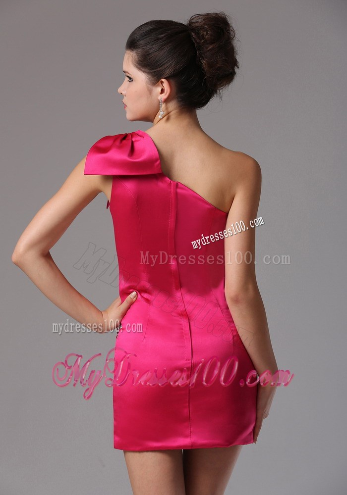 Hot Pink One Shoulder Beaded Decorate and Ruche Nightclub Dress