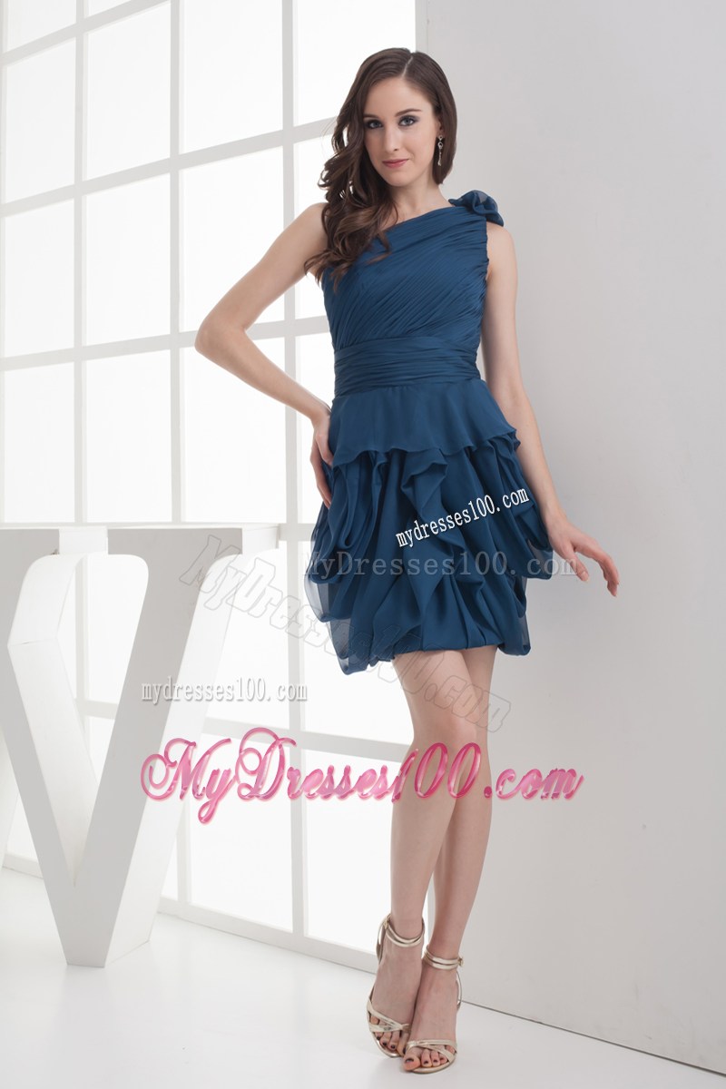 Navy Blue One Shoulder Ruching Mini-length Prom Dress