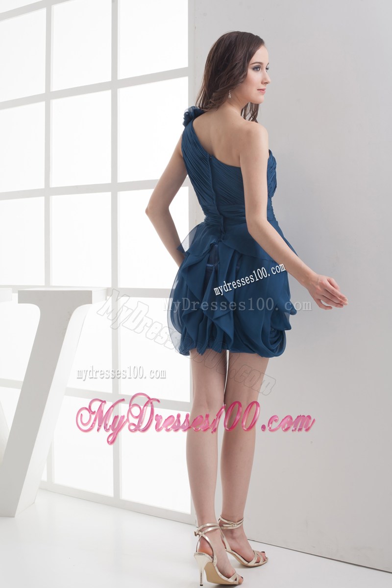Navy Blue One Shoulder Ruching Mini-length Prom Dress