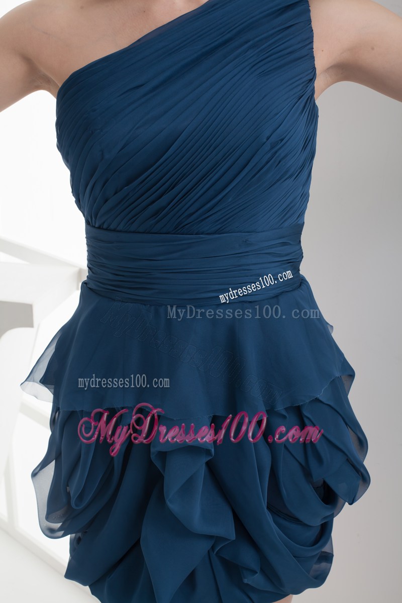 Navy Blue One Shoulder Ruching Mini-length Prom Dress