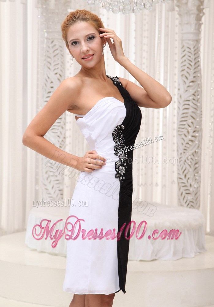 White and Black 2013 Beading Nightclub Dress with One Shoulder