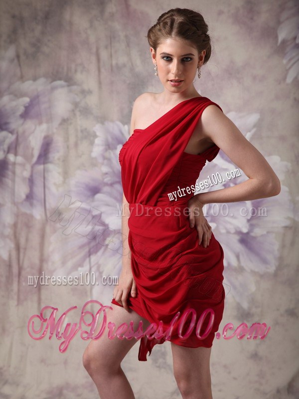 Low price Red Column One Shoulder Ruche Short Nightclub Dress