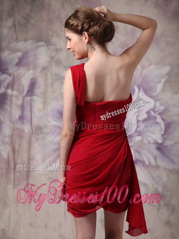 Low price Red Column One Shoulder Ruche Short Nightclub Dress