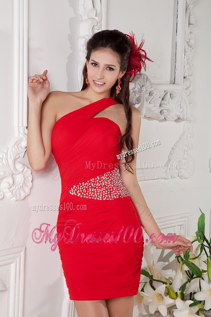 Customize Red One Shoulder Beading Nightclub Dress in Short