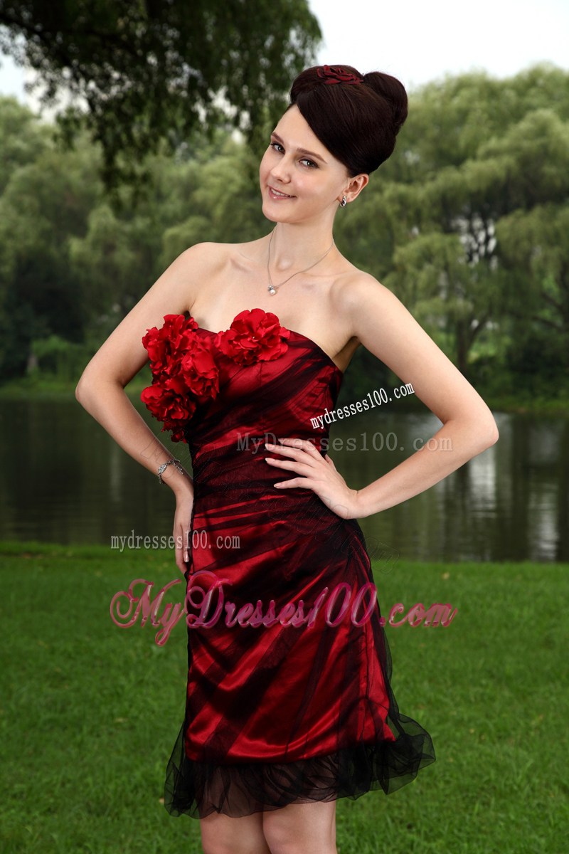 Strapless Red Column Hand Made Flowers Short Nightclub Dress