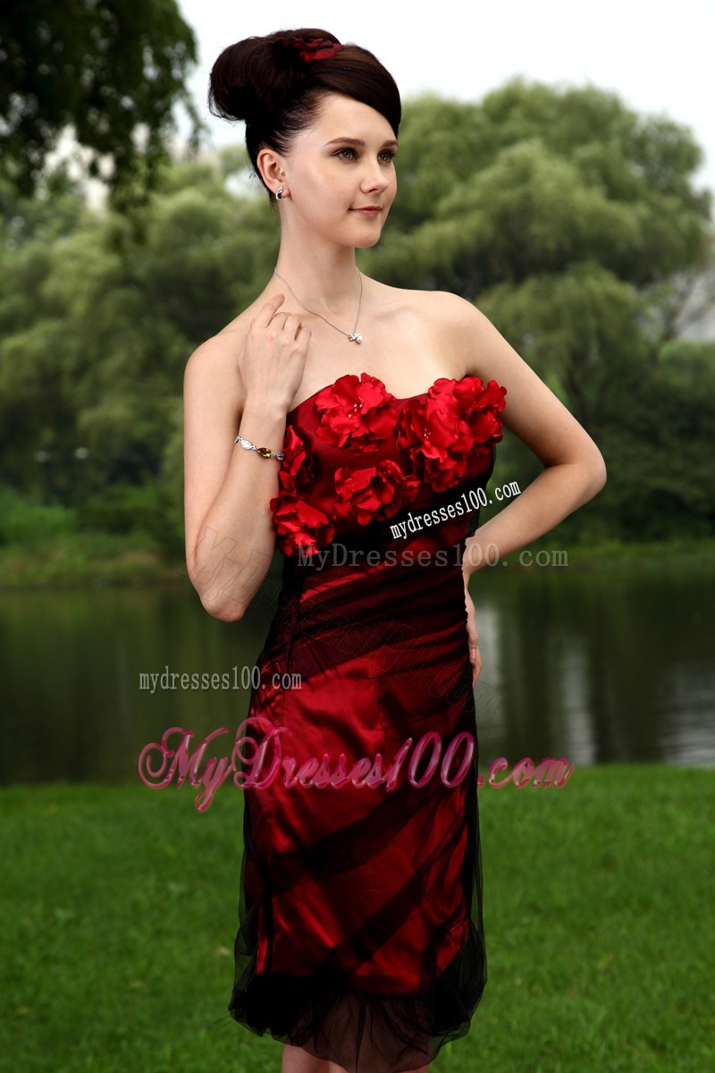 Strapless Red Column Hand Made Flowers Short Nightclub Dress