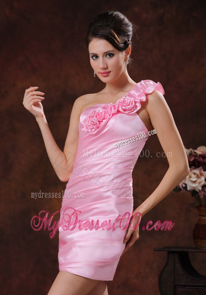 Rose Pink Flowers Decorate One Shoulder Short Nightclub Dress